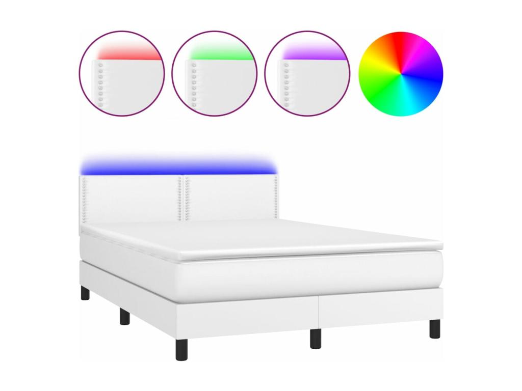 Upholstered bed base and mattress with LED lighting, white, 140x200 cm, faux leather, 69627XTTT