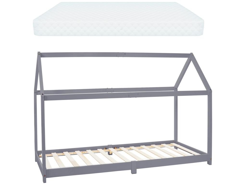 Children's bed in solid pine wood, grey, house design bed with mattress 200x90 cm 49955IZHI