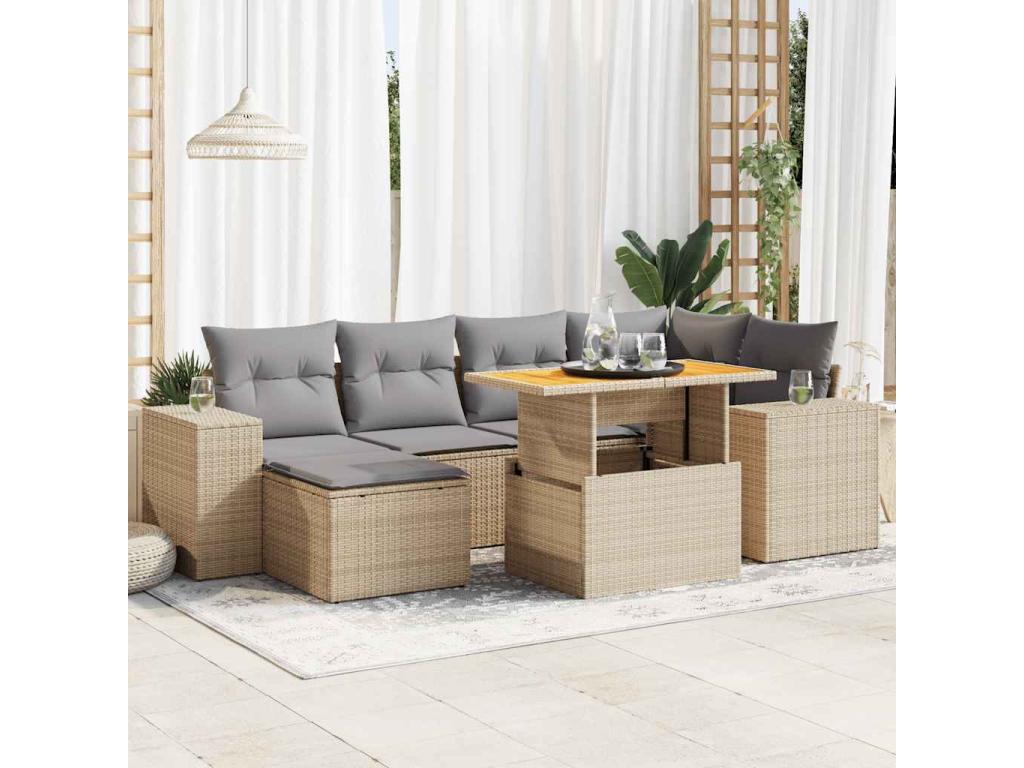 7-piece garden furniture set with cushions, beige woven resin, 73359SDMV