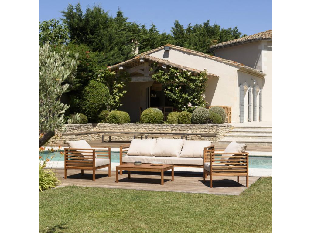 VICTORY - Delimoa 5-person wooden garden furniture set - 1 three-seater sofa, 2 armchairs and 1 rectangular coffee table 100x60 cm 44433TPDQ