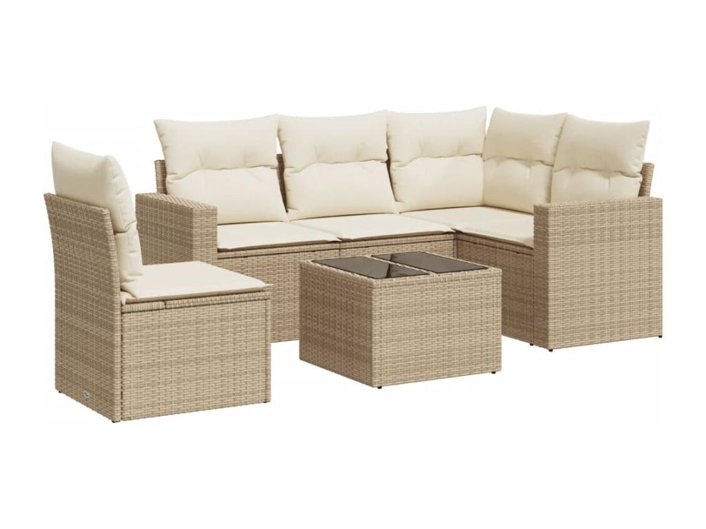 6-piece garden furniture set with cushions, beige wicker resin, 47277LJLG