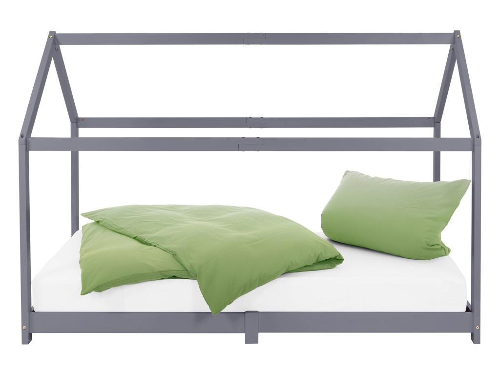 Children's bed in solid pine wood, grey, house design bed with mattress 200x90 cm 49955IZHI