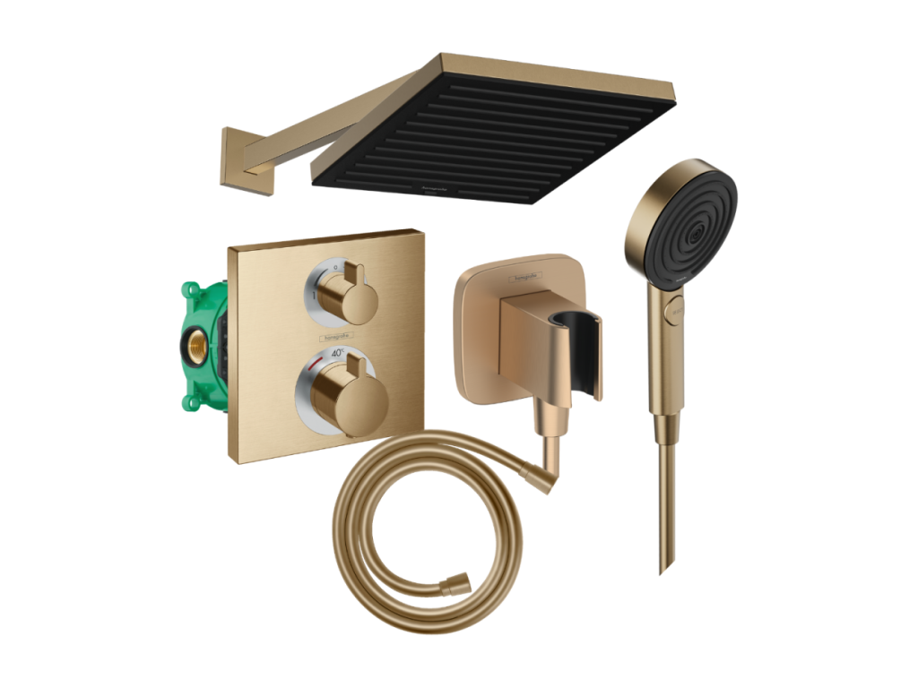 Artanzy Square thermostatic shower column, Artanzy S overhead shower, Artanzy flexible hose, Artanzy hand shower, brushed bronze 62078EXXY