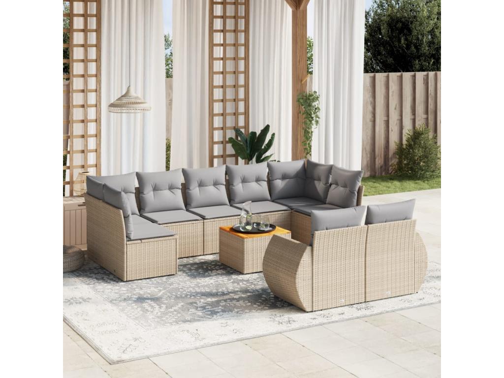 Garden furniture set with cushions, 10 pieces, beige woven resin, 95009QJGI