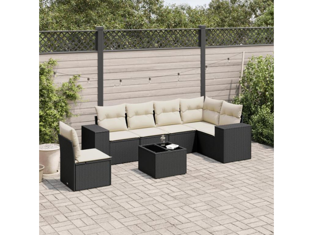 7-piece garden furniture set with cushions, black resin wicker, 39833ROPT