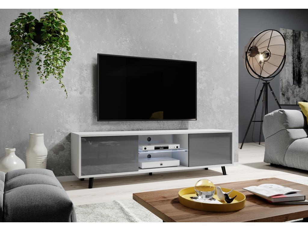 TV stand / TV bench 140 cm - matte white / glossy grey with LED lighting - Artanzy 35207LFVW