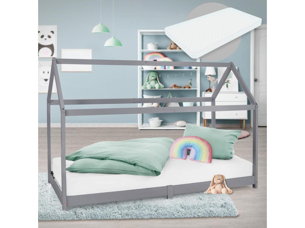 Children's bed in solid pine wood, grey, house design bed with mattress 200x90 cm 49955IZHI