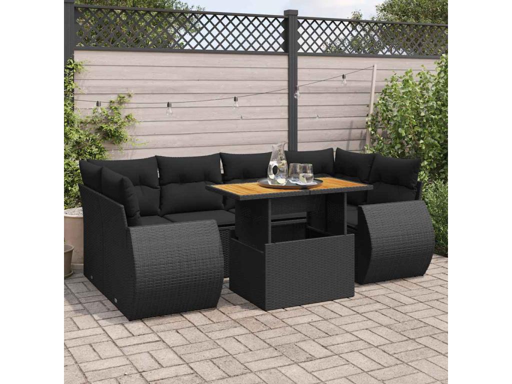 7-piece garden furniture set with cushions, black woven resin, 49782NXQM