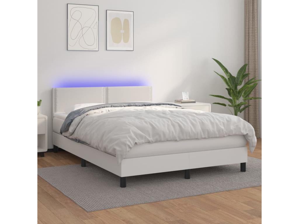 Upholstered bed base and mattress with LED lighting, white, 140x200 cm, faux leather, 69627XTTT