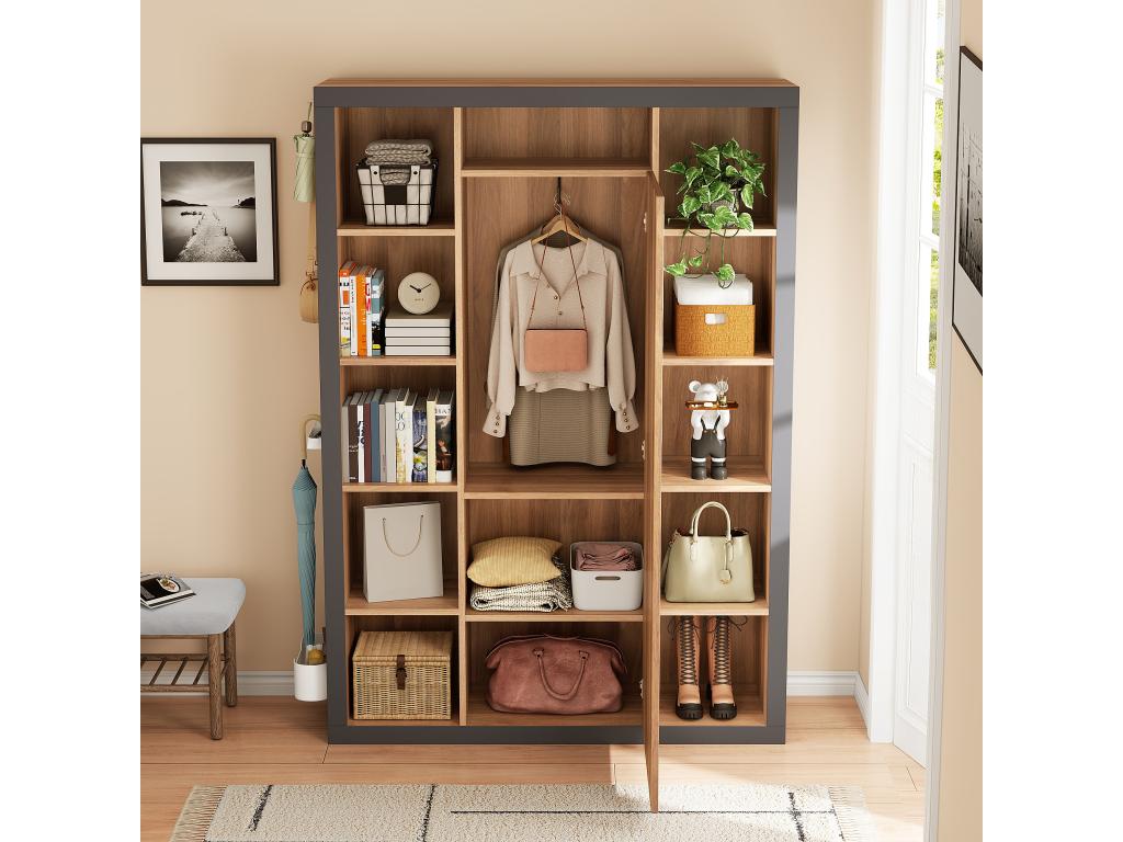 Wardrobe with mirror and storage shelves - 115x30x165 cm - MDF - Natural and grey 75206SYQG