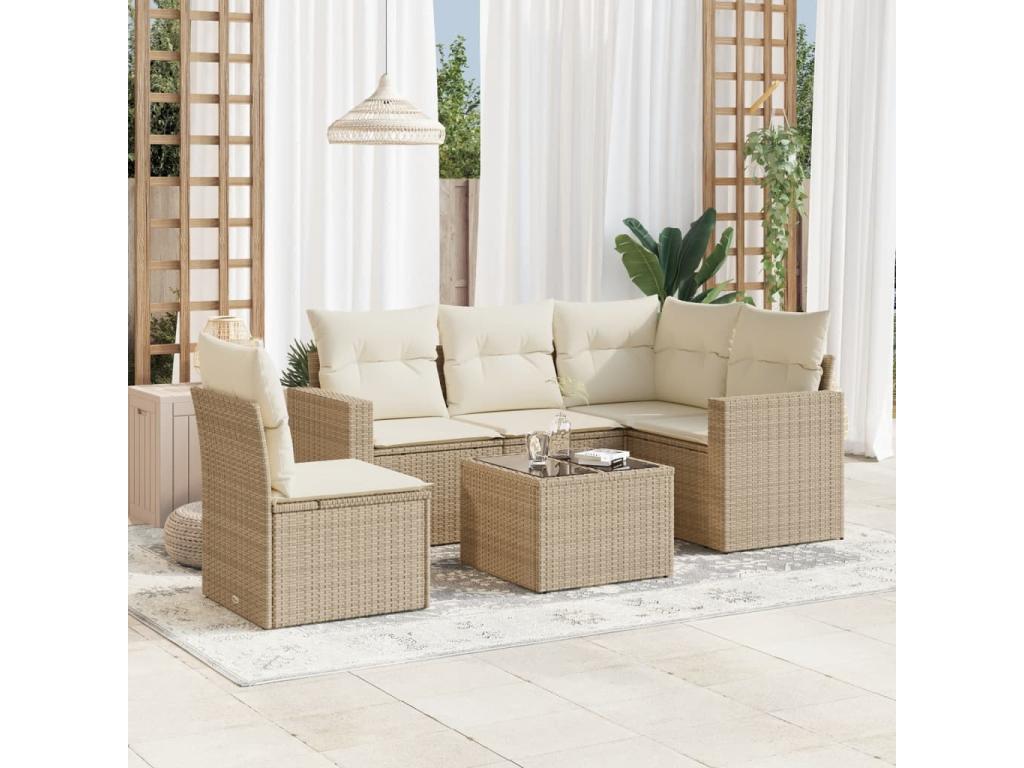 6-piece garden furniture set with cushions, beige wicker resin, 47277LJLG