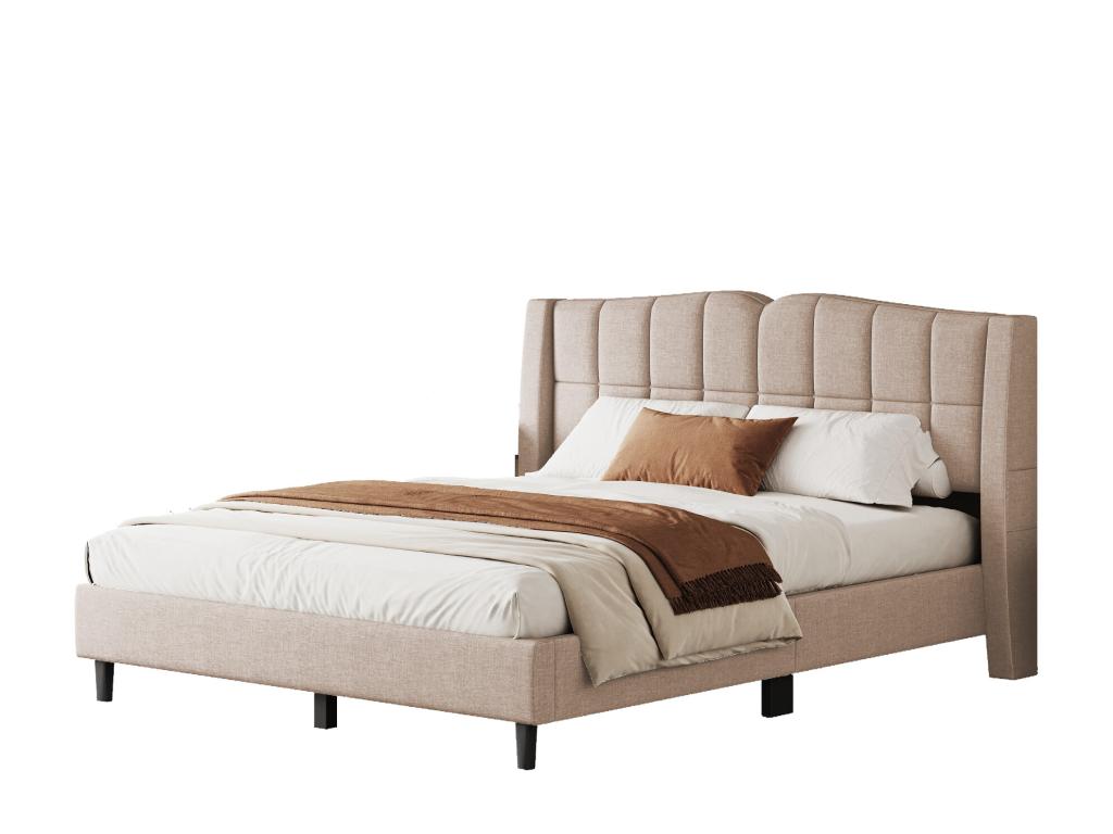 Upholstered bed 140x200 cm with headboard - Linen fabric - Button design - Dark beige without mattress 25731YBGH