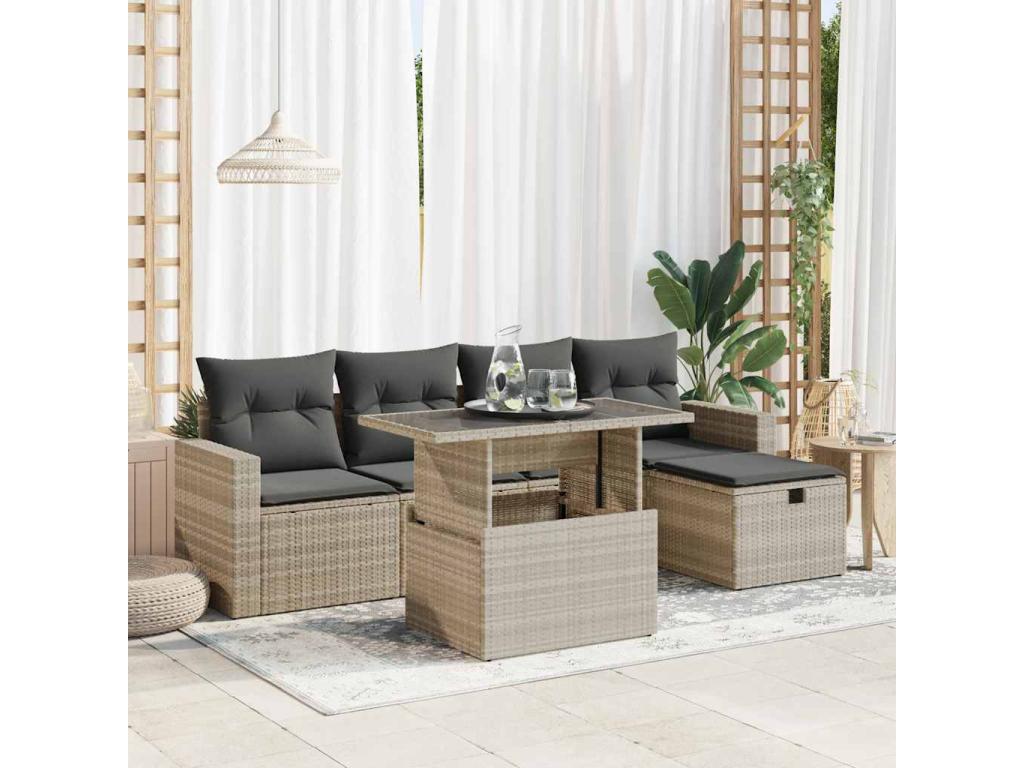 6-piece garden furniture set with light grey cushions, woven resin 11353BURI