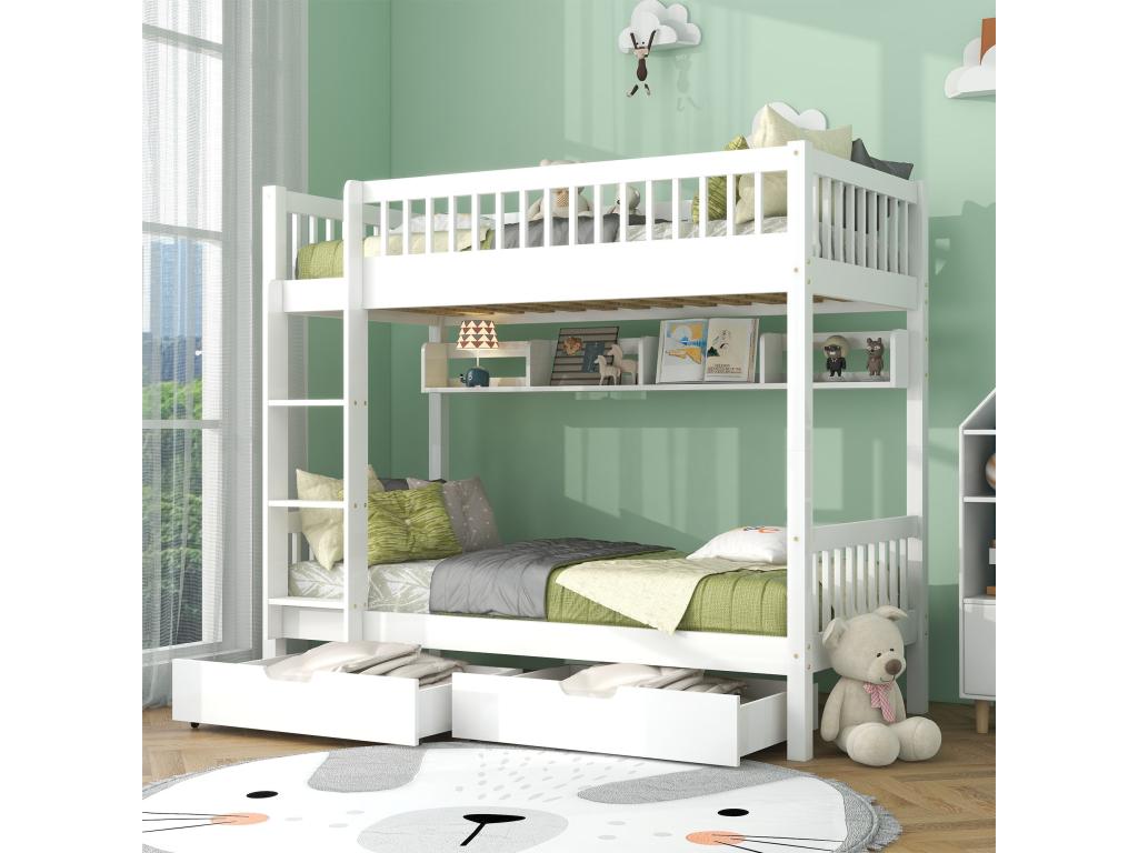 Removable bunk beds 2x90x200 cm in MDF and pine wood - 2 drawers and storage shelf - White 86380LWEW