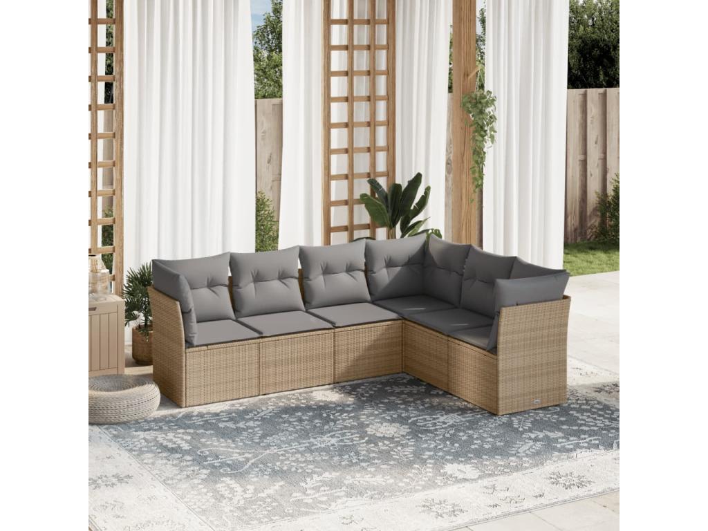 6-piece garden furniture set with cushions, beige wicker resin, 51444SCWF