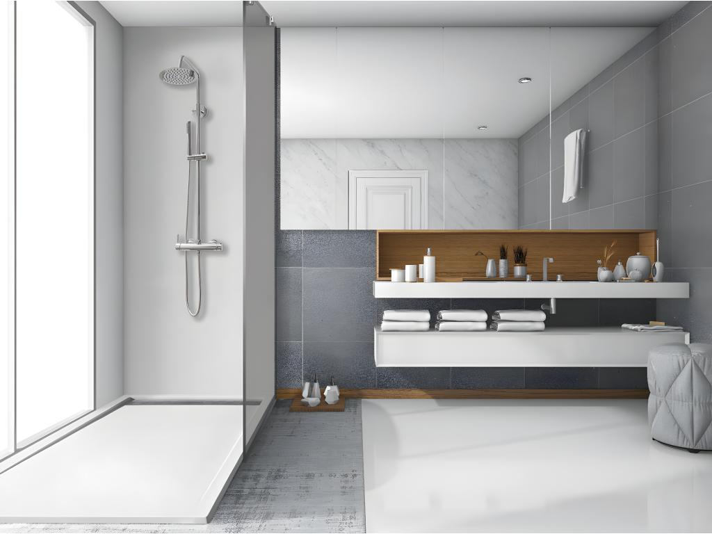 80x110 cm shower tray with side grate, Delimoa Slim, Ral 1001, made of synthetic resin and marble powder, with drain 36808VXAH