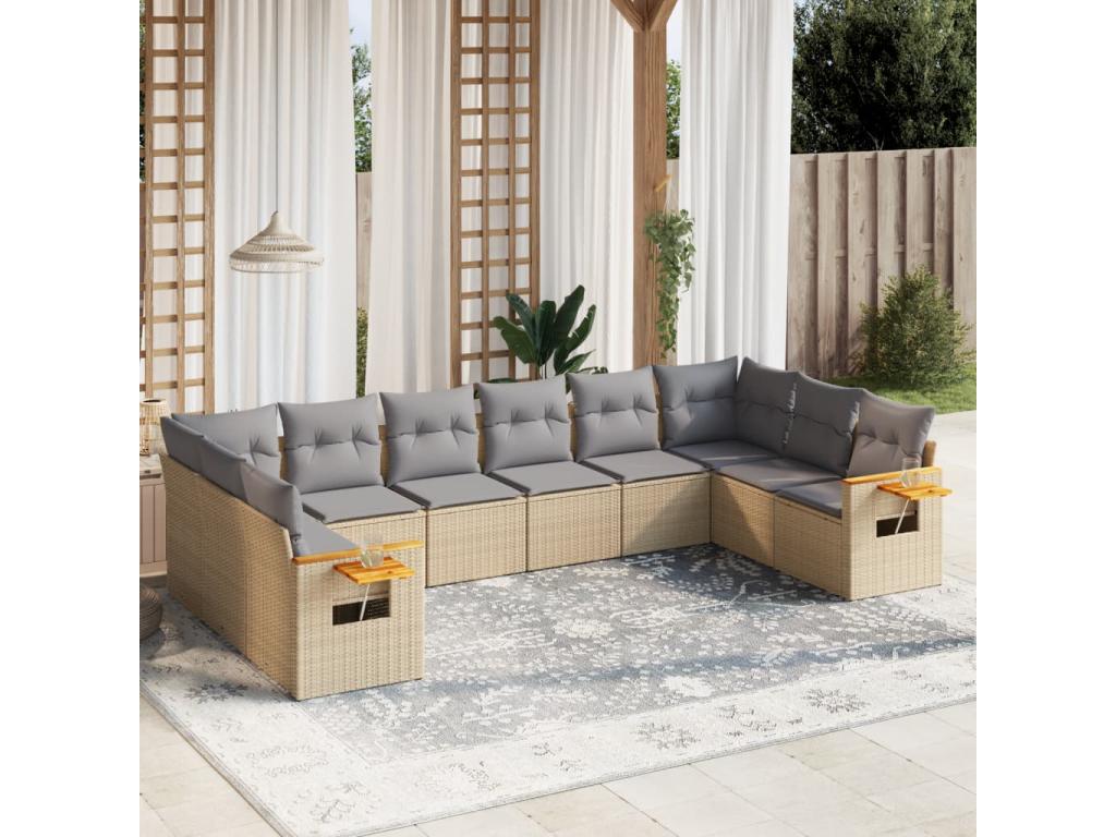 10-piece garden furniture set with cushions, beige woven resin, 93453UMVB