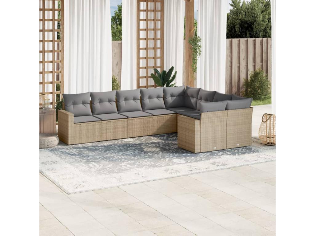 9-piece garden furniture set with cushions, beige wicker resin, 38477FRWR
