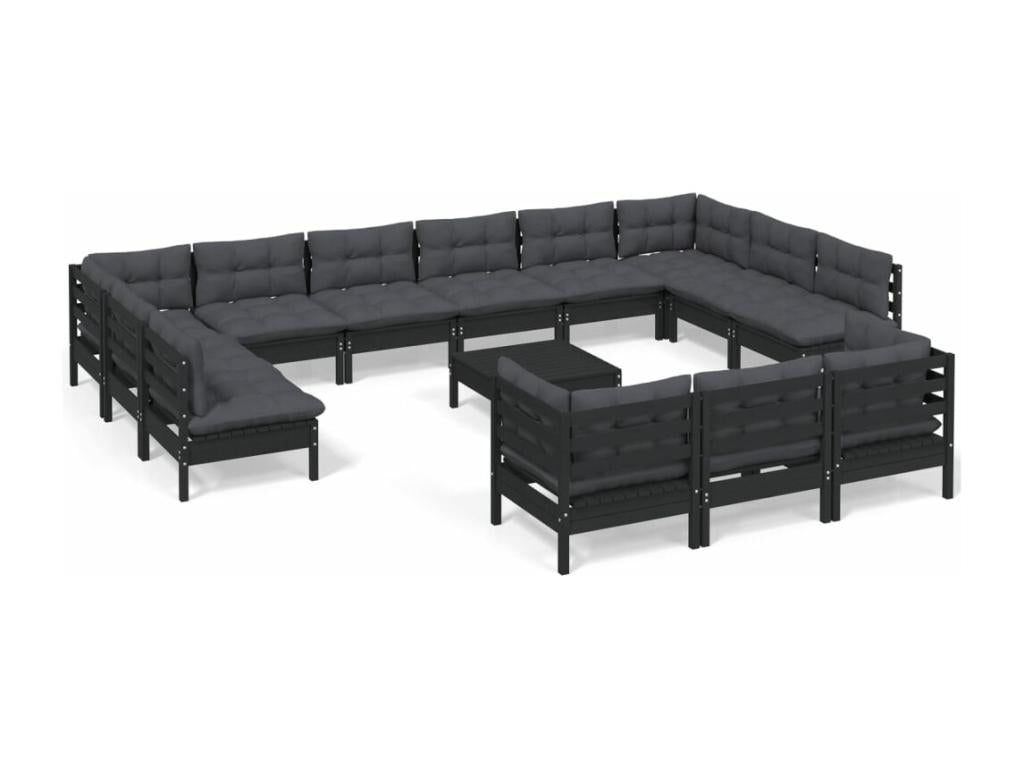 14-piece garden furniture set with cushions, black pine wood, 42111QICS