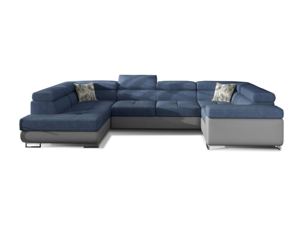 Delimoa 340cm U-shaped left-hand convertible sofa in blue fabric and grey faux leather with storage compartment 42212LPLI