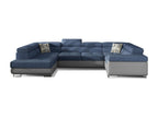 Delimoa 340cm U-shaped left-hand convertible sofa in blue fabric and grey faux leather with storage compartment 42212LPLI