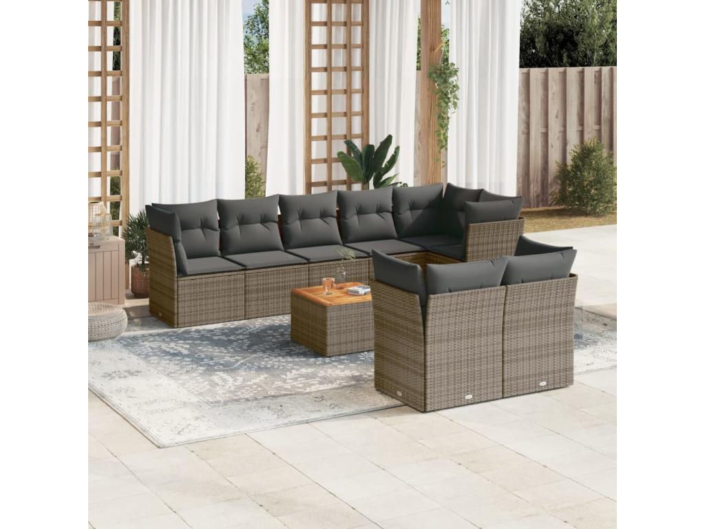 9-piece garden furniture set with grey resin wicker cushions 19874OGIB