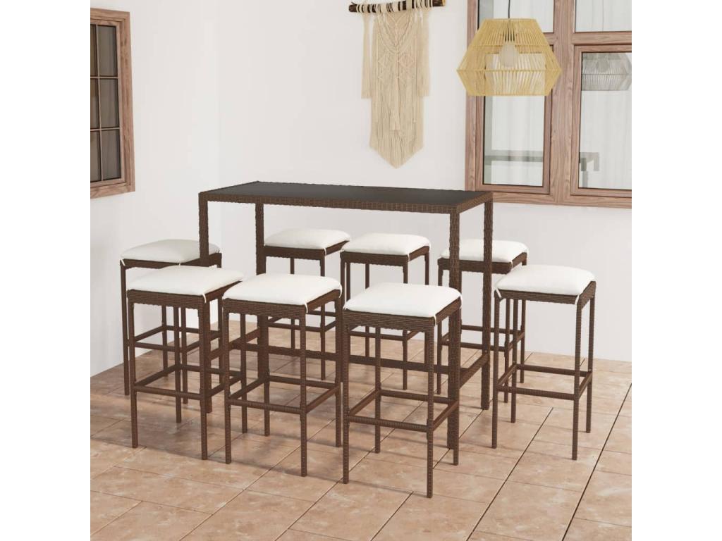 9-piece garden bar set with cushions, brown woven resin, 19550NQCO