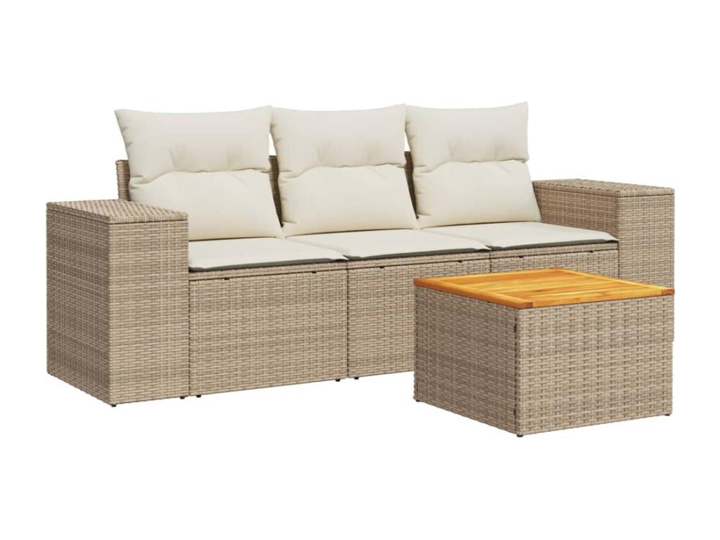 4-piece garden furniture set with cushions, beige woven resin, 48625OPZB