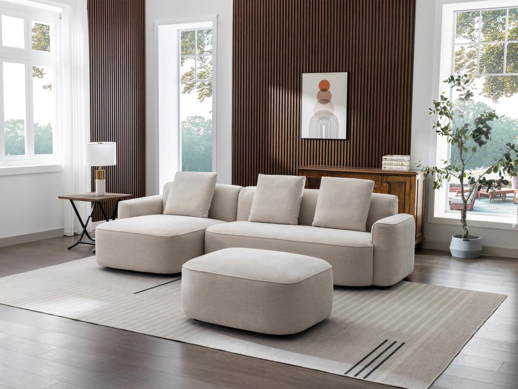 Left-hand corner sofa and ottoman in beige textured fabric POMIANGO 11572BYGO