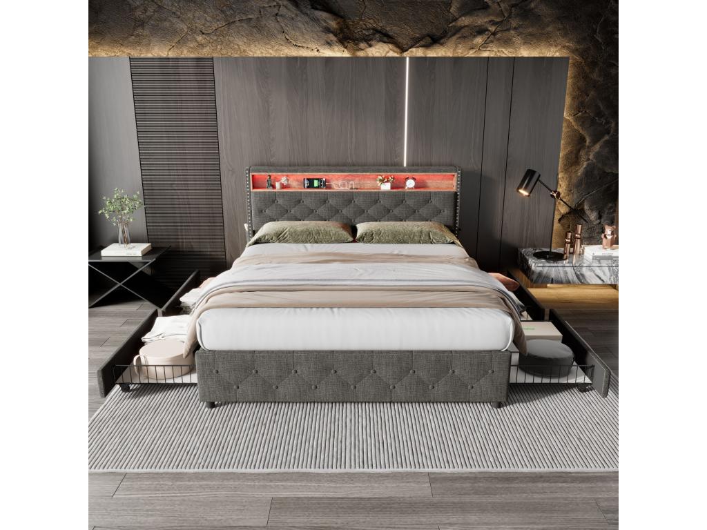 Upholstered grey bed 140 x 200 cm linen with frame by Delimoa, headboard, LED lighting, USB interface, side panel, 4 drawers (mattress not included) 40159MMBP