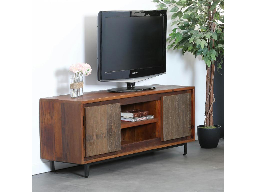 Industrial TV stand with raw recycled wood front, Artanzy 38223ZHYA