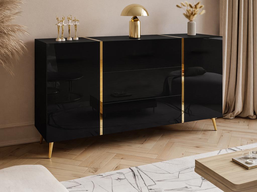 Sideboard with 2 doors and 3 drawers - Glossy black and gold - Artanzy 51365IIII