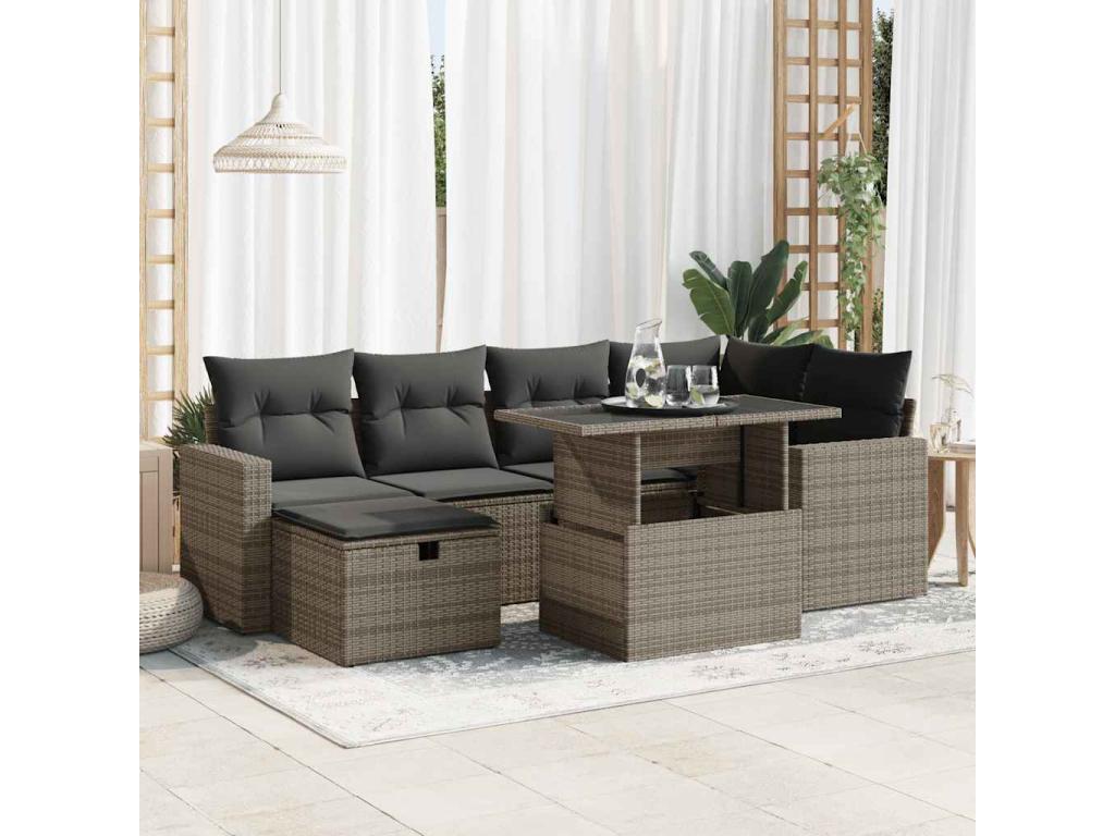 7-piece garden furniture set with cushions, grey woven resin 96416QSZG