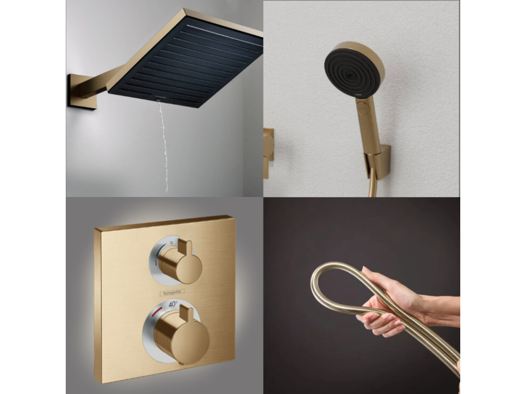 Artanzy Square thermostatic shower column, Artanzy S overhead shower, Artanzy flexible hose, Artanzy hand shower, brushed bronze 62078EXXY