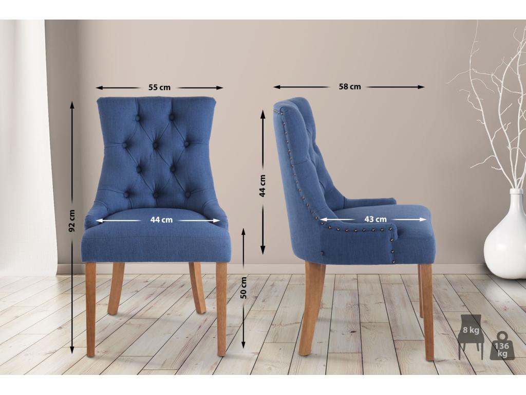 Set of 2 dining chairs with decorative buttons, blue fabric seat 10 0001522 40669ZYOP