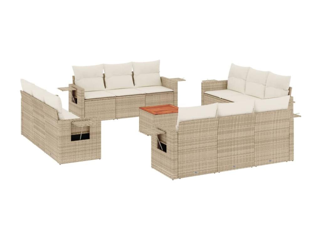 13-piece garden furniture set with cushions, beige woven resin, 33738RTIN