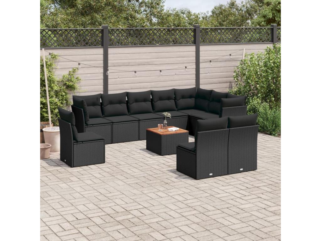 11-piece garden furniture set with cushions, black resin wicker, 83327TQXT