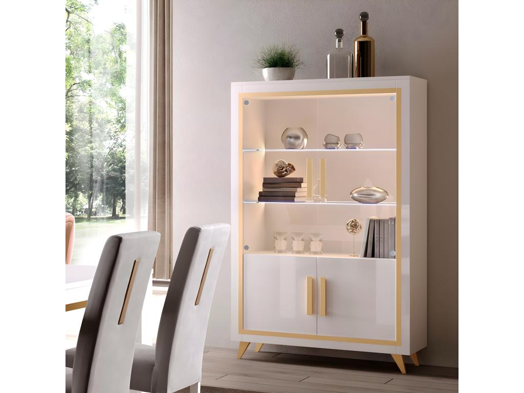 Artanzy - 2-Door White Lacquered Display Cabinet with Gold Decor and LEDs 37853DJXC