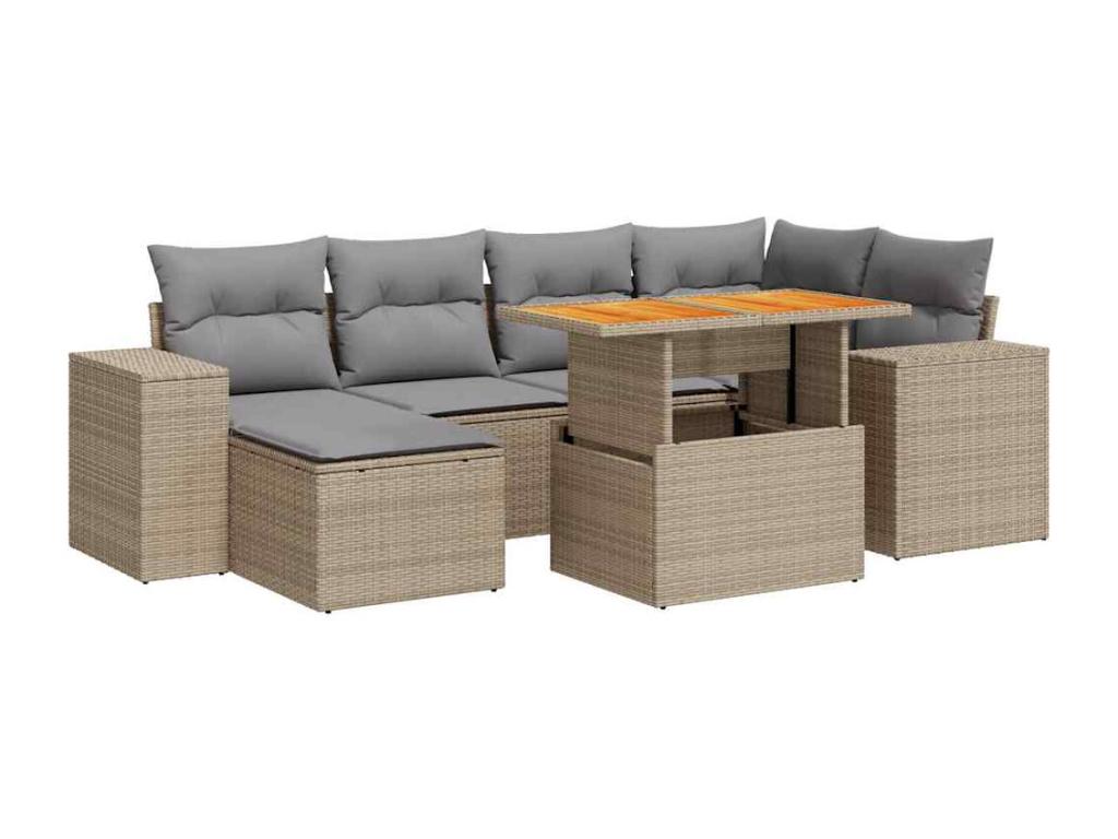 7-piece garden furniture set with cushions, beige woven resin, 73359SDMV
