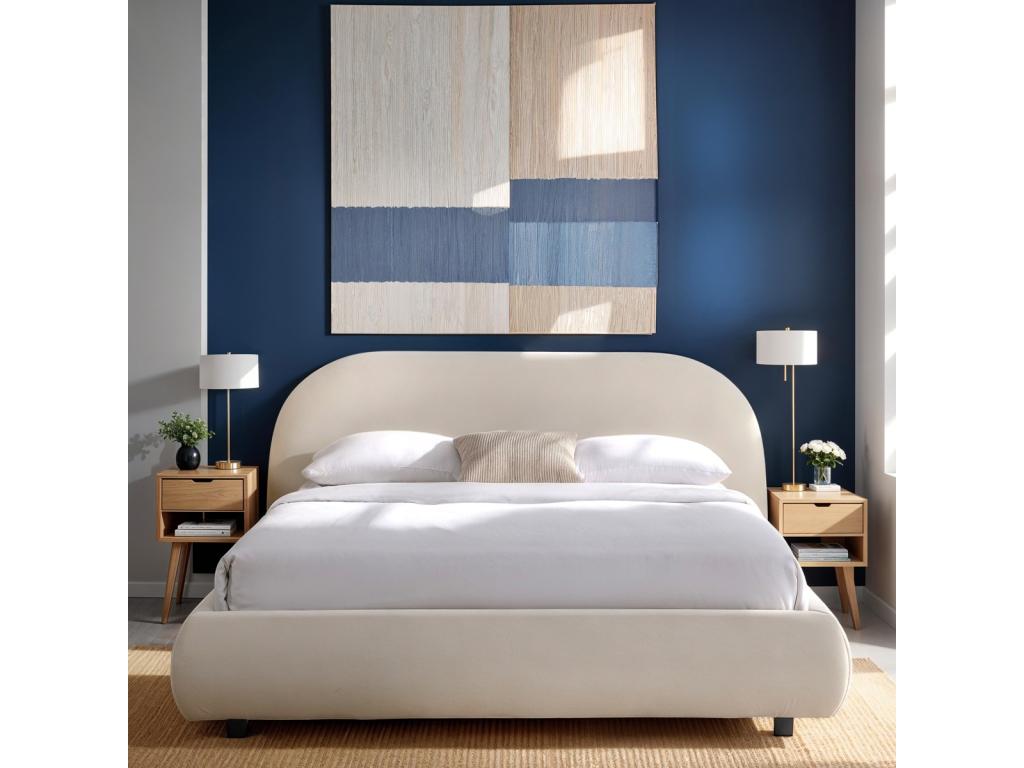 Adult bed 180x200 cm with slatted base and quilted headboard in beige velvet - Artanzy 53602SQUK