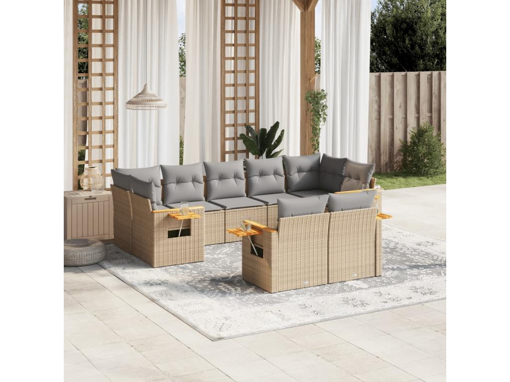 9-piece garden furniture set with cushions, beige wicker resin, 54186AORE