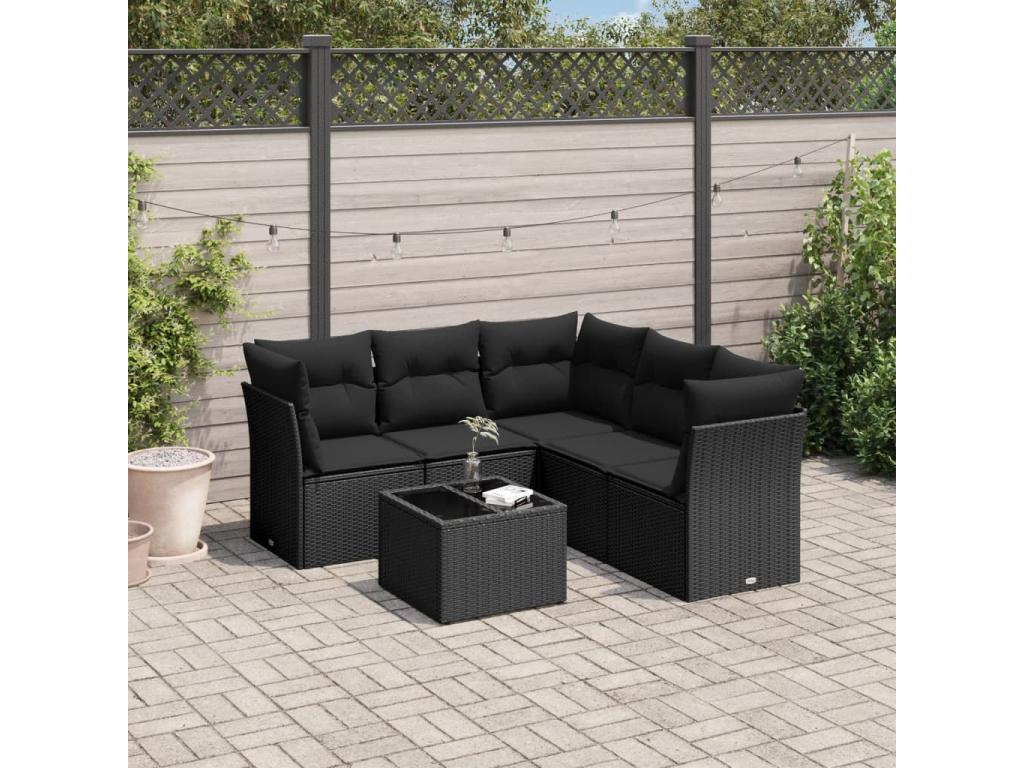 6-piece garden furniture set with cushions, black woven resin, 63950JZDO