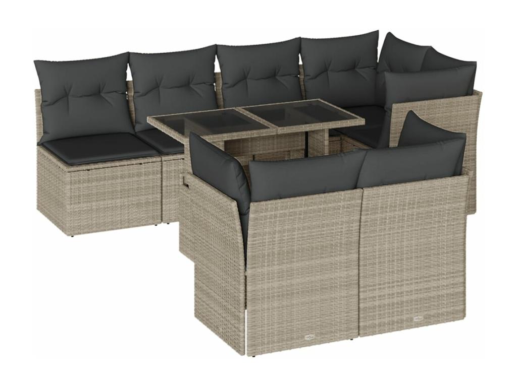 8-piece garden furniture set with light grey cushions, wicker resin 58384ETDW