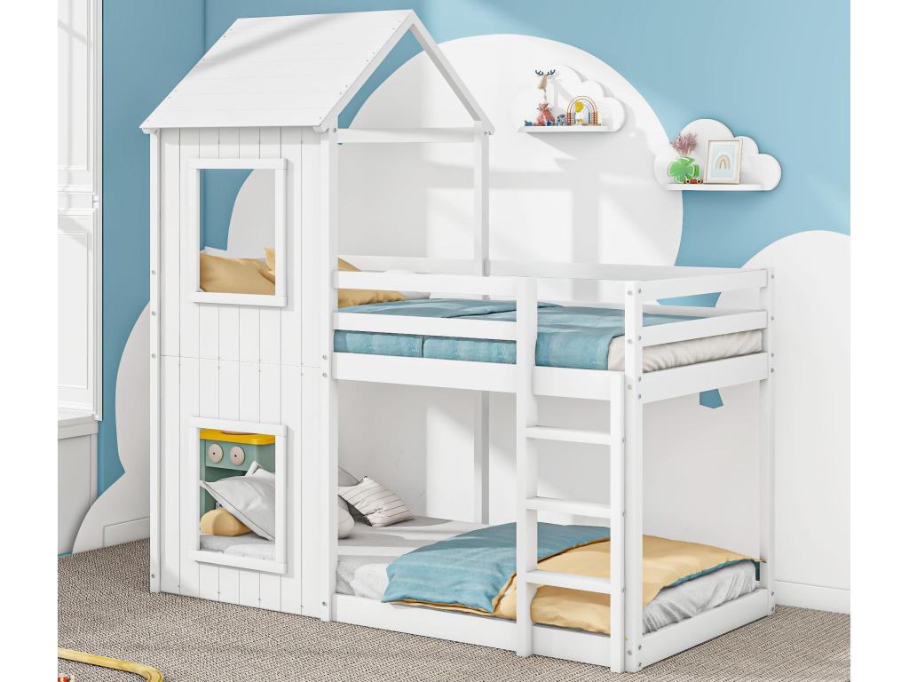 Bunk bed cabin style 90x200cm - solid wood - with 2 windows - White 83711DNZL