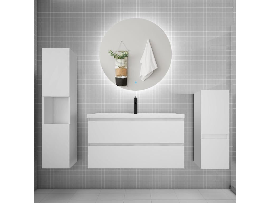 Vanity unit set, 100cm wide, with 2 drawers, washbasin, column, round white mirror, 16186XGIV
