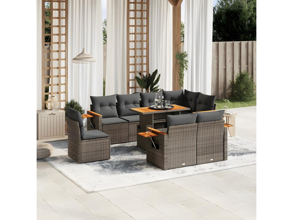 9-piece garden furniture set with grey resin wicker cushions 83334LHDE