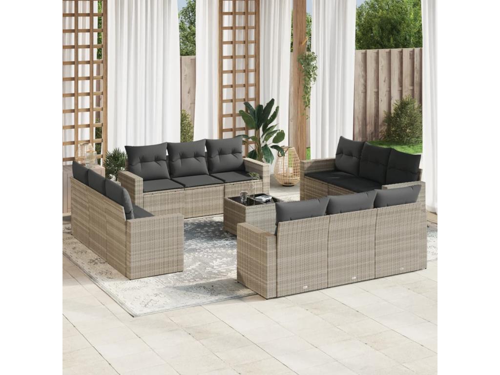Garden furniture set with cushions, 13 pieces, light grey woven resin, 68752VADA