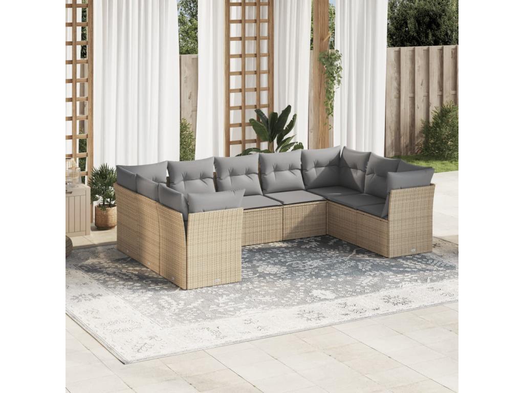 9-piece garden furniture set with cushions, beige wicker resin, 82642OODK