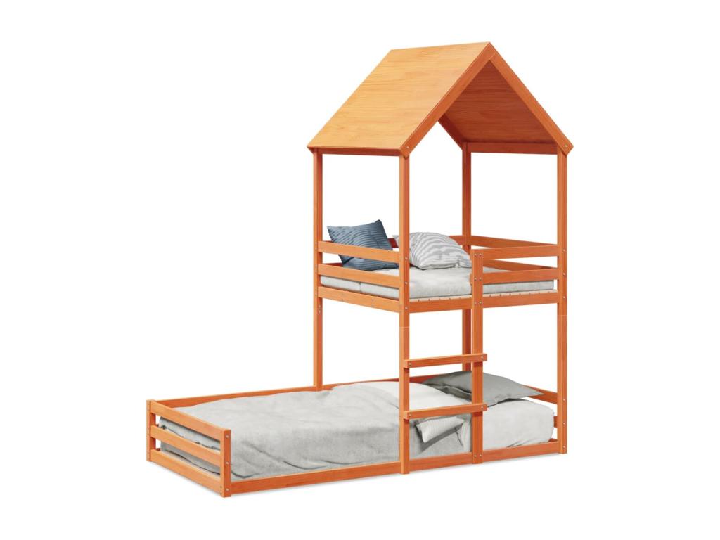Bunk bed with brown waxed roof, 90x190cm, solid pine wood, 03784MEZN