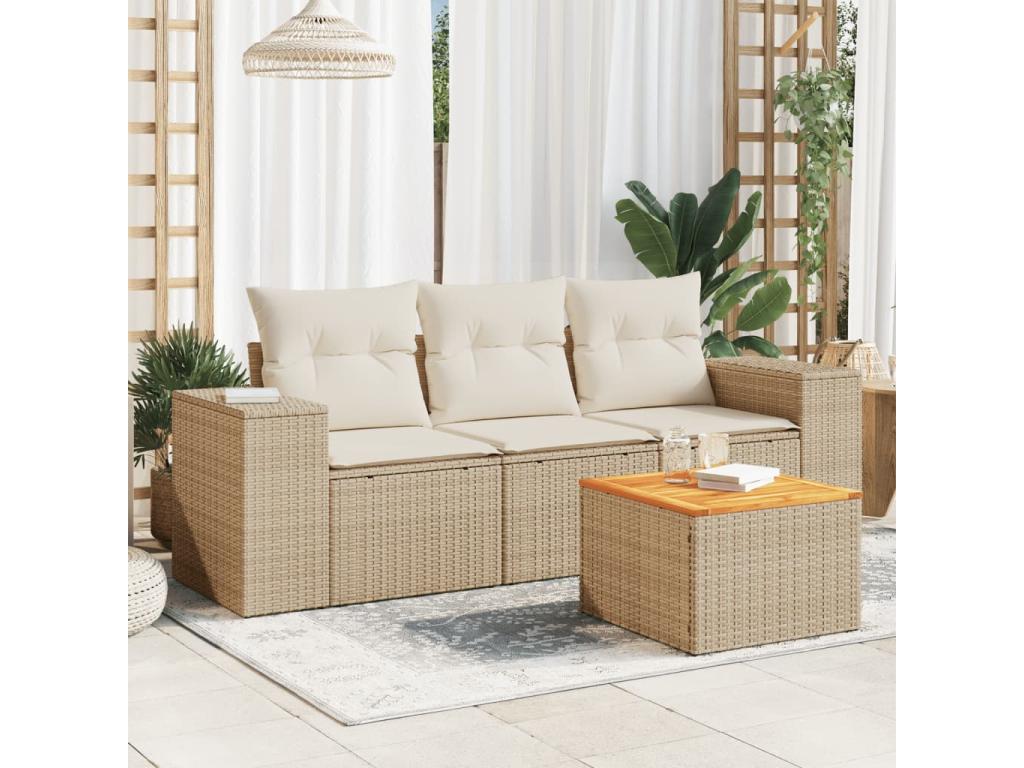 4-piece garden furniture set with cushions, beige woven resin, 48625OPZB